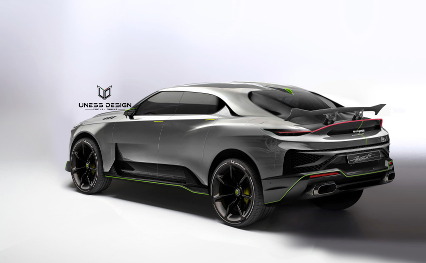 absurdres artist_name car from_behind grey_background grey_car highres koenigsegg_(automobile) michelin michelin_man motor_vehicle no_humans original shadow signature spoiler_(automobile) sports_utility_vehicle uness_design vehicle_focus
