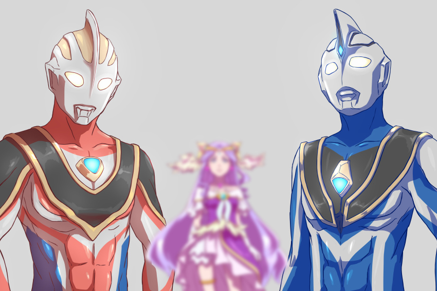 1girl 2boys abs absurdres alien bare_shoulders blue_bow blue_eyes blue_gemstone blurry bow circlet color_timer cowboy_shot cure_earth depth_of_field dress earrings elbow_gloves fuurin_asumi gem giant gloves glowing glowing_eyes gold_thighlet hair_ornament halterneck head_wings healin&#039;_good_precure heart heart_hair_ornament highres jewelry long_hair looking_ahead looking_down magical_girl male_focus multiple_boys off-shoulder_dress off_shoulder precure purple_dress purple_hair serious simple_background thighlet tiara tokusatsu trait_connection ultra_series ultraman_agul ultraman_gaia ultraman_gaia_(series) ultraman_gaia_(supreme_version) very_long_hair wavy_hair white_gloves wings zephyranthes54