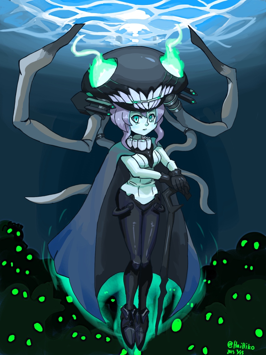 10s 1girl abyssal_ship alex_ahad_(style) cane cape female_focus gloves hai_to_hickory highres kantai_collection pale_skin solo underwater wo-class_aircraft_carrier