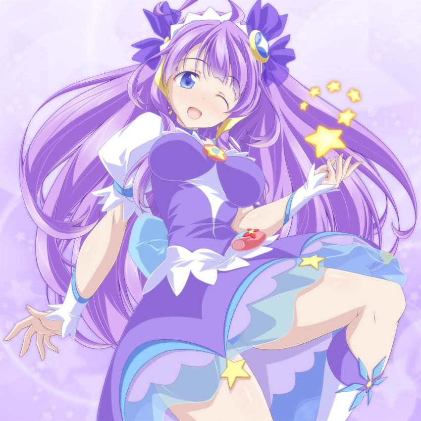 1girl ahoge blue_eyes boots brooch commentary_request crescent crescent_earrings cure_selene dress earrings hair_ornament highres jewelry kaguya_madoka kikuchi_tsutomu knee_boots leg_up long_hair looking_at_viewer magical_girl one_eye_closed open_mouth panties pantyshot pouch precure puffy_short_sleeves puffy_sleeves purple_background purple_dress purple_hair short_dress short_sleeves smile solo standing standing_on_one_leg star_(symbol) star_brooch star_symbol_background star_twinkle_precure underwear very_long_hair white_boots wrist_cuffs