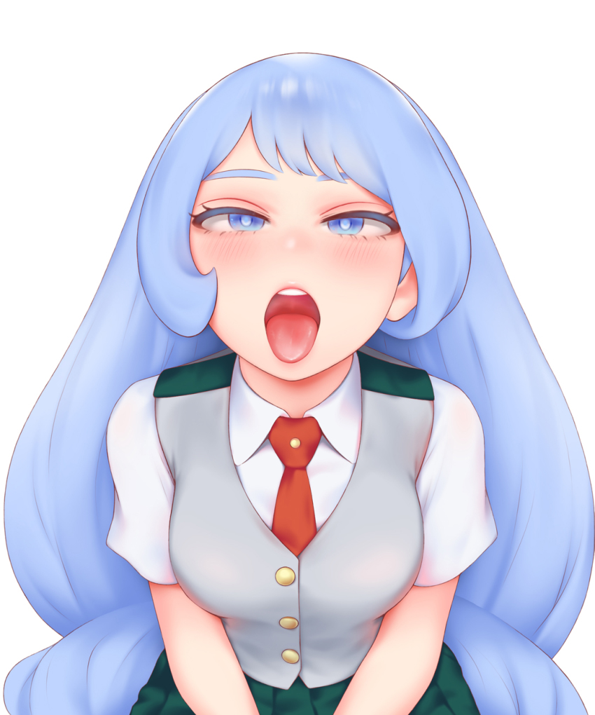 10s 1girl :p absurdly_long_hair blue_eyes blue_hair blush boku_no_hero_academia breasts female_focus hado_nejire half-closed_eyes highres long_hair looking_at_viewer medium_breasts naughty_face open_mouth oral_invitation pleated_skirt school_uniform short_sleeves shpo simple_background skirt solo tongue tongue_out upper_body very_long_hair white_background