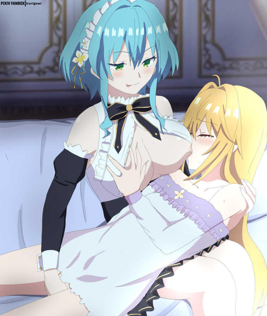 2girls bare_shoulders blonde_hair blue_hair blush breast_sucking closed_eyes fingering grabbing_another&#039;s_breast green_eyes groping highres hikikomari_kyuuketsuki_no_monmon indoors kurigamikun long_hair looking_at_another maid maid_headdress multiple_girls nursing_fingering pointy_ears short_hair smile terakomari_gandezblood tongue tongue_out villhaze yuri