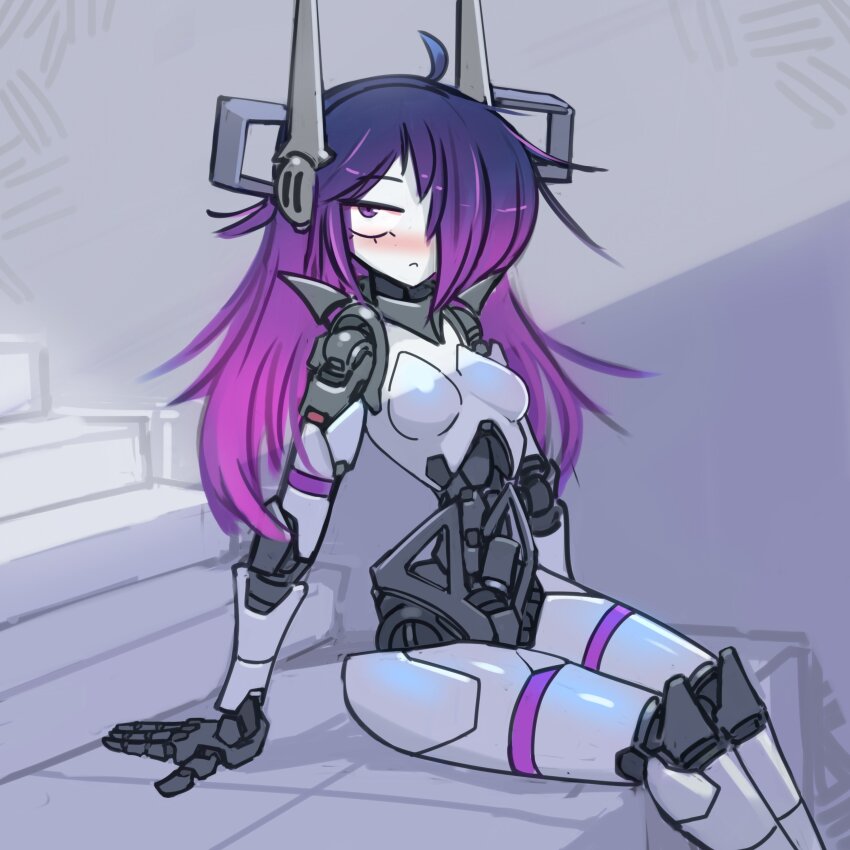 1girl absurdres ahoge arm_support blue_hair blush breasts colored_skin frown gradient_hair hair_over_one_eye highres humanoid_robot joints long_hair looking_to_the_side mechabare medium_breasts multicolored_hair narrow_waist no_nose nradiowave original purple_eyes purple_hair purple_trim robot robot_ears robot_joints sitting sketch_background solo white_skin