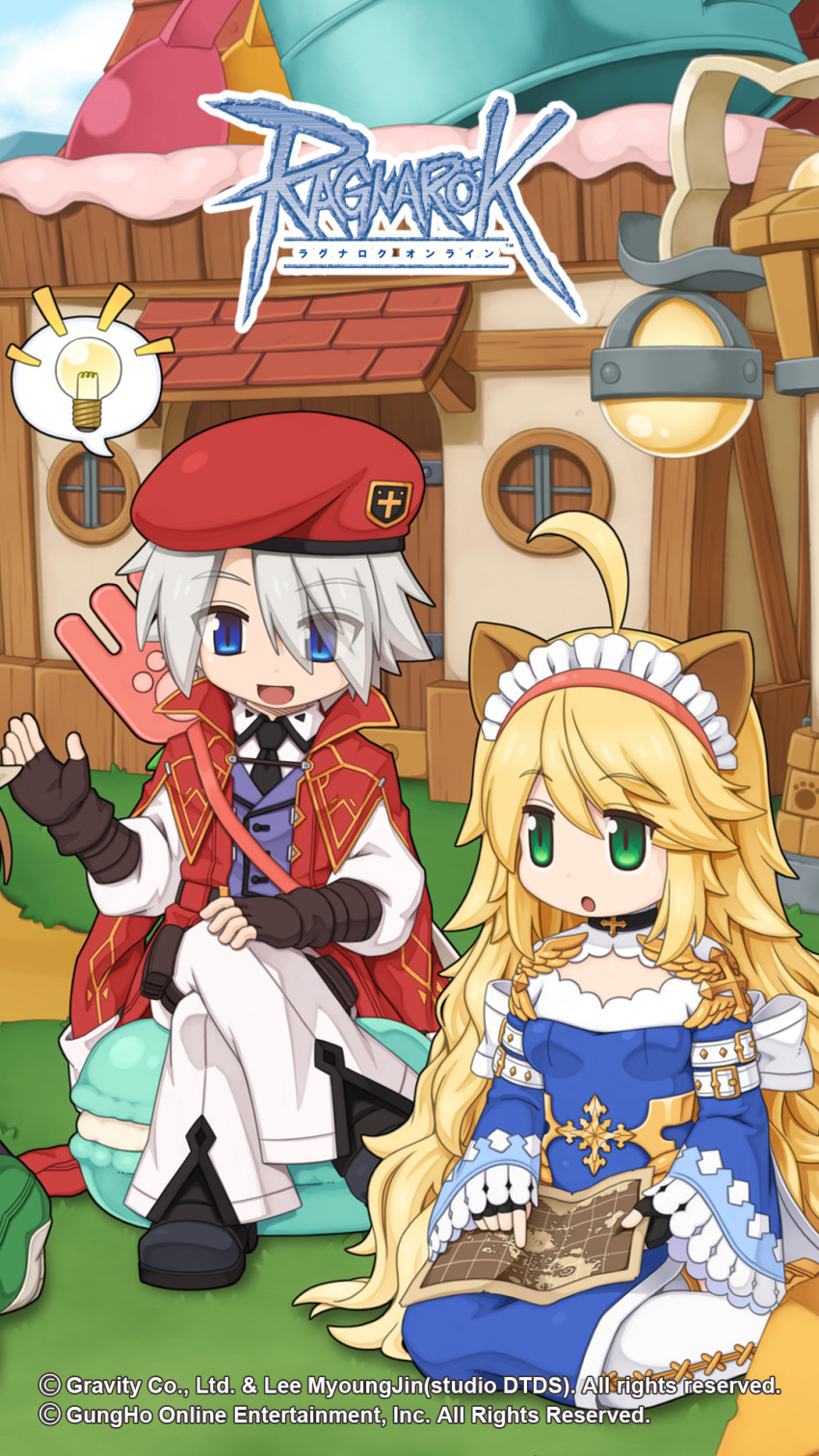 1boy 1girl :d :o ahoge animal_ears beret biolo_(ragnarok_online) black_gloves black_necktie black_shoes blonde_hair blue_dress blue_eyes breasts cardinal_(ragnarok_online) cat_ears cleavage_cutout clothing_cutout coat collared_shirt copyright_notice dress eyes_visible_through_hair fake_animal_ears fingerless_gloves food frilled_sleeves frills full_body gloves green_eyes grey_hair hair_between_eyes hat high_collar highres holding holding_map house light_bulb logo long_bangs long_hair long_sleeves macaron maid_headdress map necktie official_art official_wallpaper open_clothes open_coat open_mouth outdoors pants purple_vest ragnarok_online red_coat red_hat shirt shoes short_hair side_slit sitting small_breasts smile spoken_light_bulb two-tone_dress very_long_hair vest wariza white_dress white_pants white_shirt yuichirou