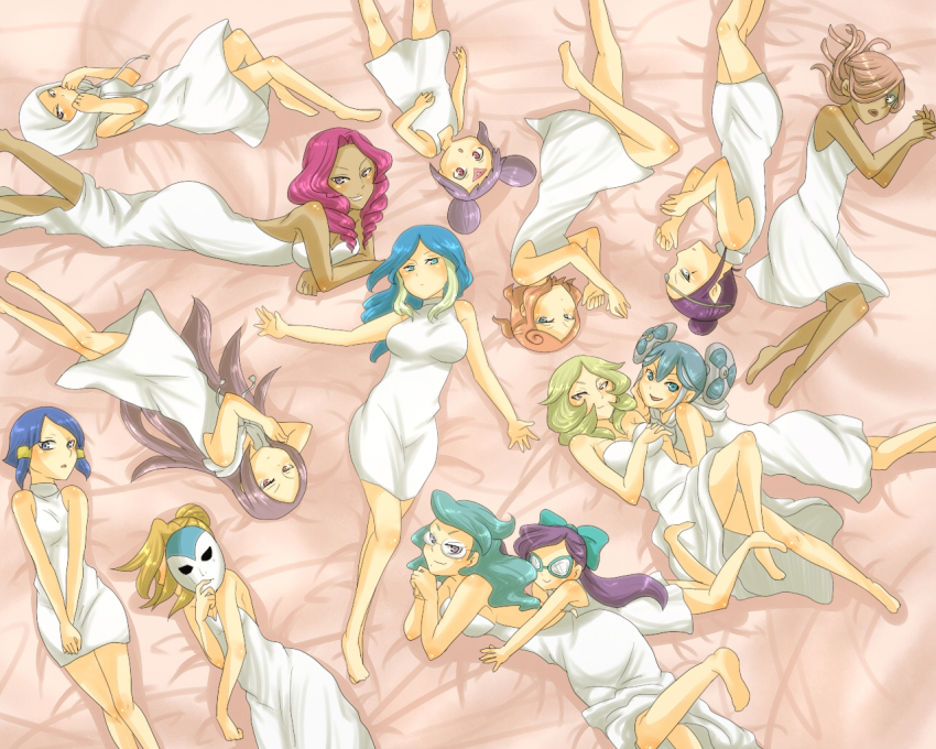 6+girls akasata barazono_hana blonde_hair blue_eyes blue_hair bow breasts brown_hair cleavage dress glasses grey_eyes hair_bow hair_over_one_eye hasuike_an holding holding_mask inazuma_eleven inazuma_eleven_(series) kii_fumiko kui_ruru kurakake_clara kurione_yuki mask multiple_girls nitou_honoka pink_hair purple_eyes purple_hair smile touchi_ai urubida white_dress