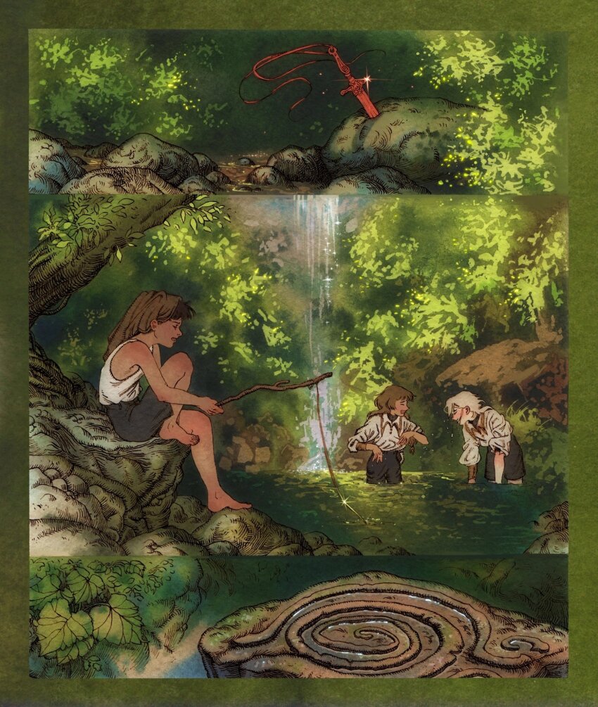 3boys barefoot blonde_hair border brown_hair child commentary english_commentary fishing fishing_rod forest from_side full_body highres holding holding_fishing_rod leaf long_hair long_sleeves multiple_boys nature original outdoors planted planted_sword planted_weapon profile rock russian_commentary shirt short_hair shorts sitting smile sparkle stream sunlight sword tree vinsenta wading water waterfall weapon