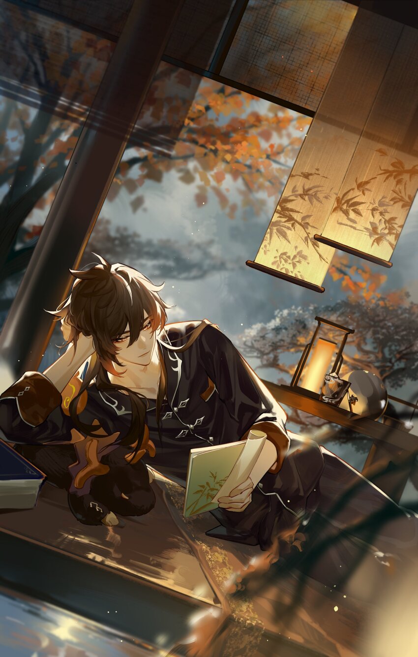 1boy absurdres autumn_leaves black_pajamas book brown_hair commentary_request cup curtains dutch_angle feet_out_of_frame genshin_impact grey_sky half-closed_eyes highres holding holding_book indoors lantern leaf light_smile long_hair lying male_focus on_side pajamas ponytail qinnye reading rex_lapis_(genshin_impact) sky solo stuffed_animal stuffed_dragon stuffed_toy teacup tree yellow_eyes zhongli_(genshin_impact)