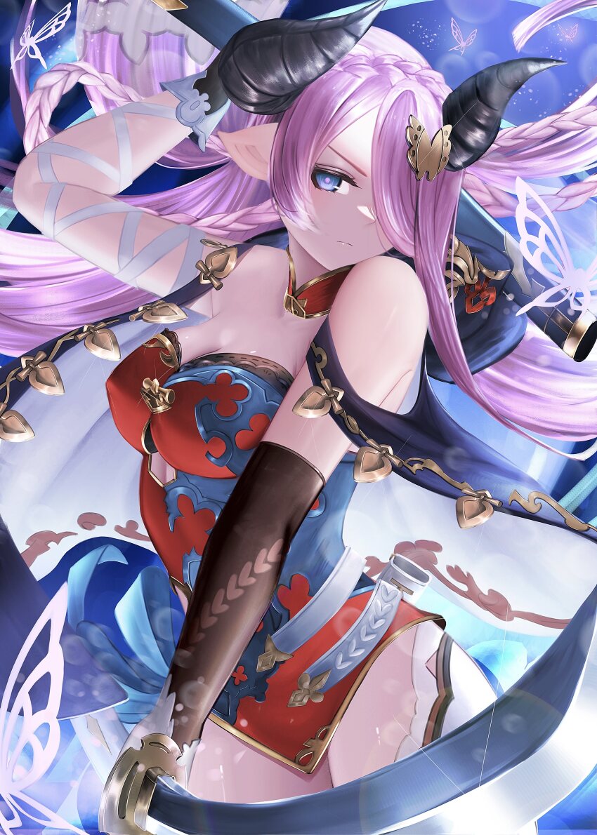1girl absurdres black_horns blue_dress blue_eyes breasts cleavage cowboy_shot dress granblue_fantasy hair_over_one_eye highres holding holding_sheath holding_sword holding_weapon horns katana large_breasts long_hair mercury_63 microdress narmaya_(granblue_fantasy) pointy_ears purple_hair red_dress sheath solo sword weapon