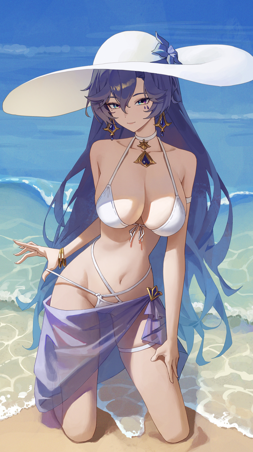 1girl absurdres alternate_costume bangle bare_shoulders beach bikini bikini_bottom_pull blue_eyes blue_sky bracelet breasts cantarella_(wuthering_waves) choker closed_mouth clothes_pull collarbone commentary day earrings flower front-tie_bikini_top front-tie_top hair_between_eyes hand_on_own_thigh hat hat_flower highres jewelry kneeling large_breasts light_smile llami_0 long_hair looking_at_viewer mark_under_eye multicolored_eyes navel outdoors purple_flower purple_hair purple_sarong sarong see-through_clothes see-through_sarong shore sky solo stomach sun_hat swimsuit very_long_hair water white_bikini white_choker white_hat wuthering_waves