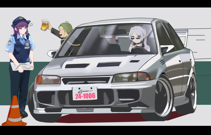 1boy 2girls absurdres alcohol anaen beer beer_mug black_footwear black_pants black_vest blue_hat blue_shirt blunt_bangs car character_charm charm_(object) closed_mouth commentary_request contemporary cup driving drunk elf fern_(sousou_no_frieren) frieren glasses green_hair hat heiter highres himmel_(sousou_no_frieren) holding holding_cup japan_national_police letterboxed license_plate long_hair long_sleeves looking_at_another looking_at_viewer mitsubishi_lancer_evolution mitsubishi_motors motor_vehicle mug multiple_girls pants parted_bangs pointy_ears police police_hat police_uniform policewoman purple_eyes purple_hair shirt shoes short_hair short_sleeves smile sousou_no_frieren sports_car standing sunglasses traffic_cone traffic_stop twintails vehicle_focus vest walkie-talkie white_car white_hair