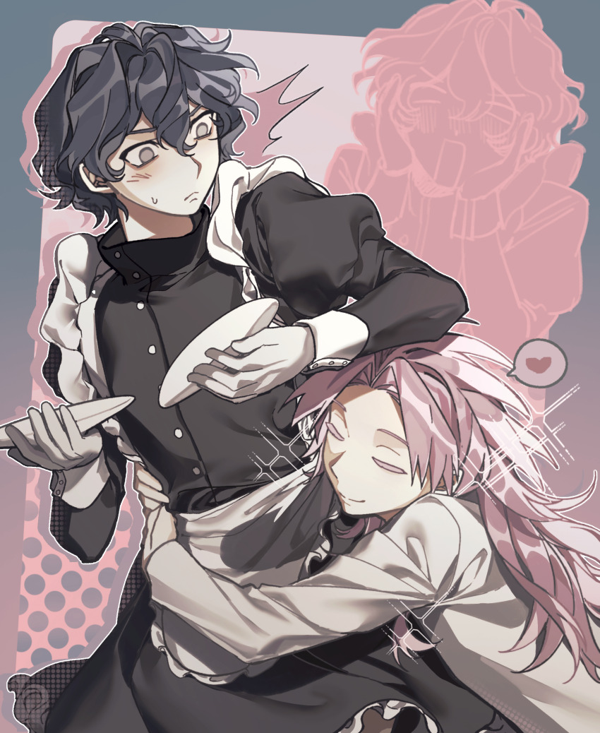 2boys absurdres alternate_costume apron black_dress black_hair blush buttons chinese_commentary chunaizhanshi23057 closed_eyes closed_mouth colored_eyelashes commentary_request crossdressing curtained_hair dress enmaided frilled_apron frilled_dress frills frown gloves grey_eyes hair_between_eyes hands_on_own_cheeks hands_on_own_face hatsutori_hajime heart highres holding holding_plate hug juliet_sleeves long_hair long_sleeves maid male_focus male_maid multiple_boys open_mouth parted_bangs pink_hair plate puffy_sleeves saibou_shinkyoku short_hair smile sparkle speech_bubble spoken_heart sweat utsugi_noriyuki waist_hug white_apron white_gloves yaoi