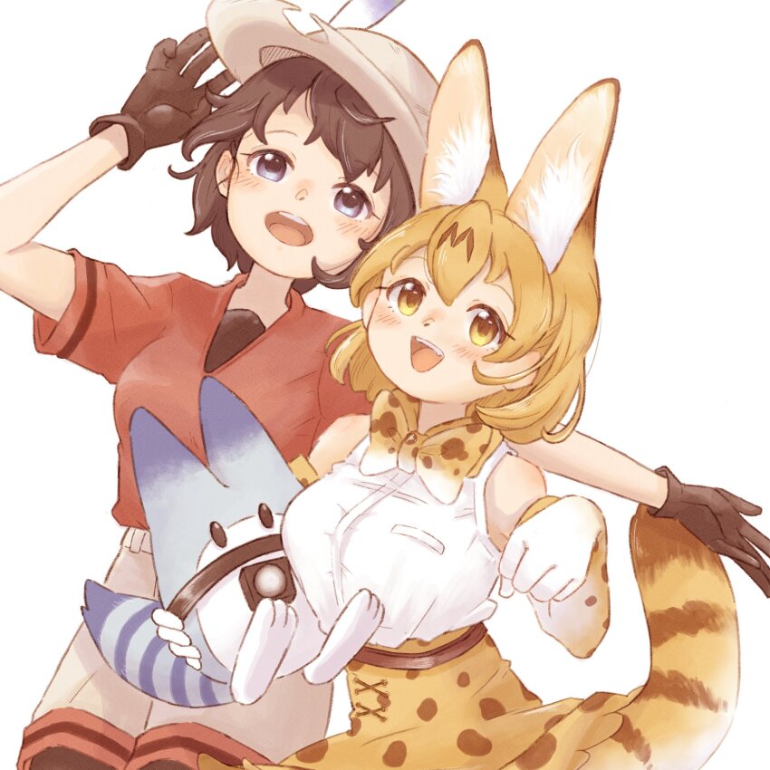 0nanaten 2girls animal_ears animal_print bare_shoulders black_gloves black_hair blonde_hair blue_eyes blush bow bowtie cat_ears cat_girl cat_tail cowboy_shot elbow_gloves extra_ears gloves gradient_gloves grey_shorts hair_between_eyes hat_feather helmet high-waist_skirt highres kaban_(kemono_friends) kemono_friends lucky_beast_(kemono_friends) multiple_girls open_mouth pantyhose paw_pose pith_helmet print_bow print_bowtie print_gloves print_skirt red_shirt serval_(kemono_friends) shirt short_hair short_sleeves shorts sidelocks skirt sleeveless smile t-shirt tail white_gloves white_shirt yellow_eyes