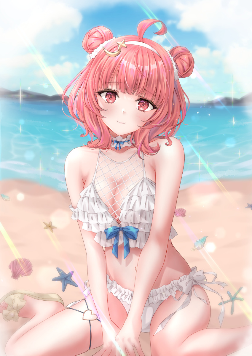 1girl absurdres ahoge allymidorikawa beach bikini blue_bow blunt_bangs blush bow bow_swimsuit breasts choker cleavage cloud commentary crescent crescent_hair_ornament day double_bun fishnets frilled_bikini frilled_choker frills hair_bun hair_ornament hairband head_tilt heart heart_o-ring highres large_breasts light_rays looking_at_viewer medium_hair navel o-ring o-ring_thigh_strap ocean outdoors pink_eyes pink_hair ribbon-trimmed_bikini ribbon_trim seashell shell side-tie_bikini_bottom sitting sky slippers solo sparkle starfish swimsuit thigh_strap v_arms virtual_youtuber vspo! wariza white_bikini white_choker white_hairband yellow_bow yumeno_akari yumeno_akari_(summer_c102)