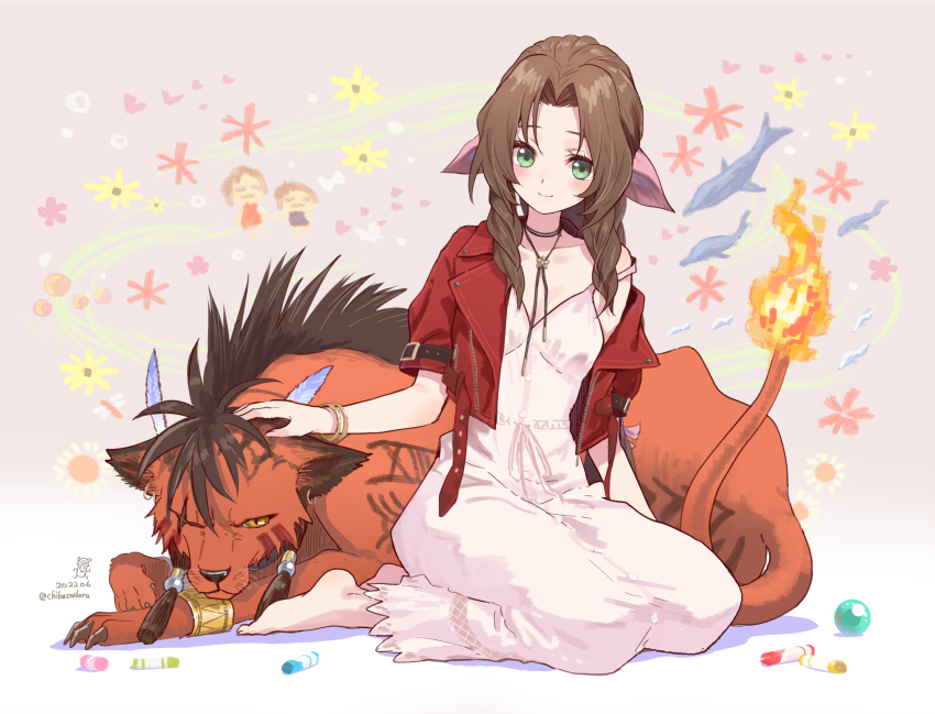 1boy 1girl aerith_gainsborough barefoot bolo_tie bow bracelet brown_hair chiba_sadoru crayon cropped_jacket drawing dress final_fantasy final_fantasy_vii final_fantasy_vii_remake flame-tipped_tail green_eyes hair_bow headpat highres jacket jewelry materia off_shoulder petting pink_bow pink_dress red_jacket red_xiii scar scar_across_eye scar_on_face sitting smile square_enix strap_slip tattoo yellow_eyes