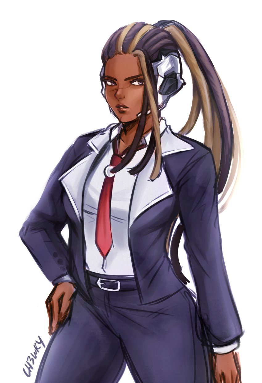 1girl absurdres alternate_costume black_hair black_suit brown_eyes brown_hair ch3wry commentary dark-skinned_female dark_skin dreadlocks english_commentary forehead formal_clothes hand_on_own_hip headgear highres long_hair master_raven namco necktie pant_suit pants ponytail red_necktie scar scar_on_face scar_on_nose solo standing suit tekken tekken_7 very_dark_skin