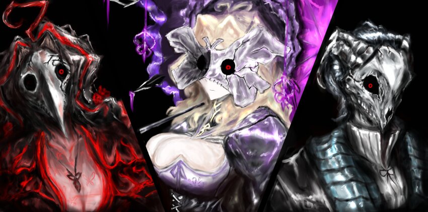 1boy 2girls absurdres black_background black_hair black_suit blonde_hair breasts butterfly_mask cleavage collared_shirt corset cracked_mask cross-laced_clothes cross-laced_corset curiambro_(project_moon) dress dulcinea_(project_moon) faceless formal_clothes goat_mask hair_half_over_shoulder hair_slicked_back hen_na high_collar highres holding holding_umbrella jewelry large_breasts limbus_company long_hair mask multicolored_hair multiple_girls necklace nicolina_(project_moon) one_eye_in_shadow out_of_frame plague_doctor_mask project_moon red_eyes red_streaks see-through_cleavage see-through_clothes see-through_dress shirt stole streaked_hair striped_clothes striped_shirt suit umbrella white_shirt
