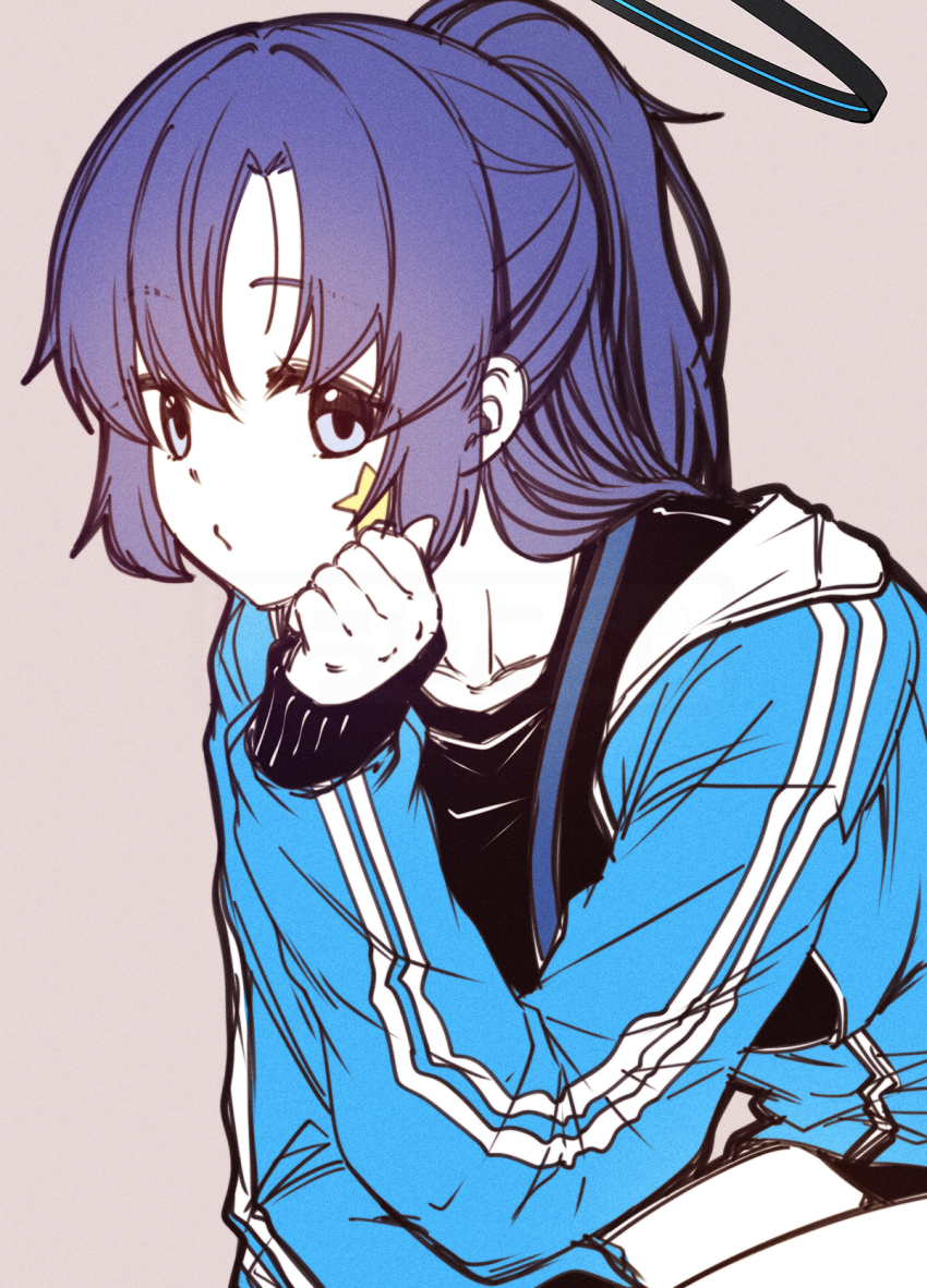 1girl black_shirt blue_archive blue_eyes blue_jacket brown_background closed_mouth facial_mark halo highres jacket kouji_(campus_life) long_sleeves looking_at_viewer open_clothes open_jacket ponytail purple_hair shirt simple_background sitting solo star_(symbol) track_jacket yuuka_(blue_archive) yuuka_(track)_(blue_archive)