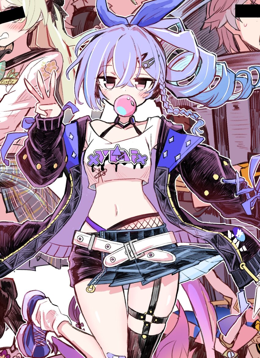 6sakuu bandaid bandaid_on_leg bar_censor belt black_jacket blowing_bubbles blue_hair blue_ribbon blush bra_strap braid breasts censored censored_identity chewing_gum commentary_request crop_top crossed_bangs drill_hair firefly_(honkai:_star_rail) firefly_(spring_missive)_(honkai:_star_rail) fishnet_thighhighs fishnets garter_straps hair_between_eyes hair_ornament hair_ribbon hairclip high_ponytail highres honkai:_star_rail honkai_(series) jacket long_hair long_sleeves looking_at_viewer loose_socks midriff miniskirt multicolored_hair multiple_girls navel open_clothes open_jacket plaid_clothes plaid_skirt pleated_skirt ponytail purple_hair ribbon shirt shoes silver_wolf_(honkai:_star_rail) silver_wolf_(samsung)_(honkai:_star_rail) single_sock single_thighhigh skirt sneakers socks standing standing_on_one_leg stomach thigh_strap thighhighs virtual_youtuber w white_belt white_shirt