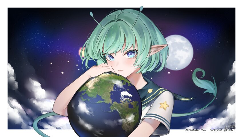 1girl alien_mixture antennae black_sailor_collar blue_eyes character_name closed_mouth cloud commission earth_(planet) full_moon green_hair green_neckerchief highres holding_planet indie_virtual_youtuber k_(art71) moon neckerchief planet pointy_ears sailor_collar school_uniform shirt short_hair short_sleeves skeb_commission solo space star_(symbol) tail thank_you twitter_username virtual_youtuber white_shirt