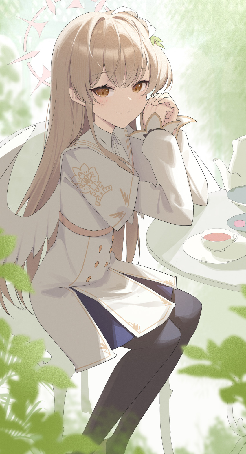 1girl absurdres angel_wings black_pantyhose blue_archive blurry brown_eyes brown_hair capelet closed_mouth commentary_request cup dress feathered_wings flower hair_between_eyes hair_flower hair_ornament halo highres jei_(user_tckk7448) leaf_hair_ornament long_hair long_sleeves looking_at_viewer nagisa_(blue_archive) pantyhose pink_halo plate sitting solo tea teacup trinity_general_school_logo very_long_hair white_capelet white_dress white_flower white_wings wings