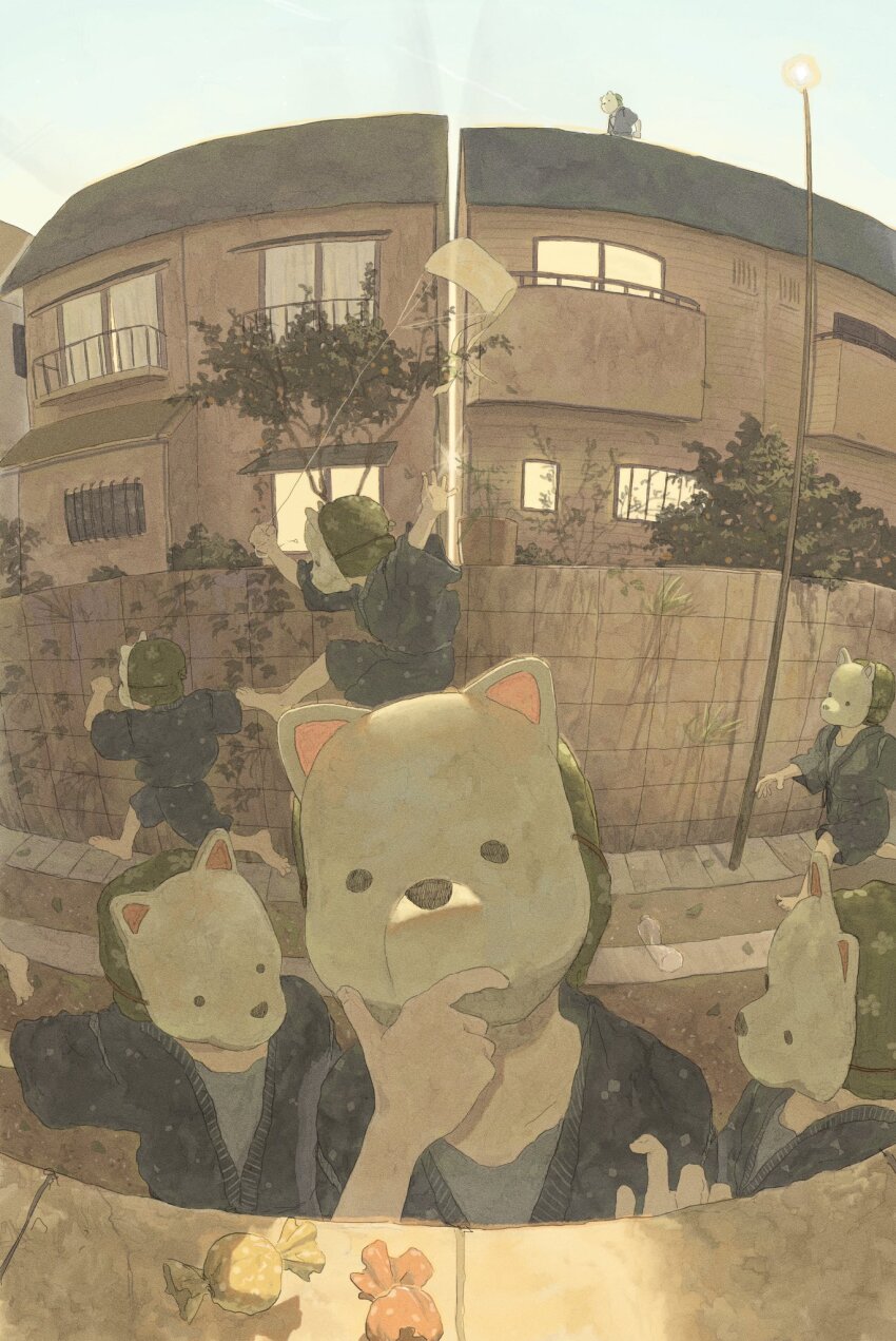 6+boys barefoot blue_sky building candy dog_mask fisheye floral_print food hand_on_own_chin highres hokkamuri house kite kusamie lamppost mask multiple_boys on_roof original outdoors plant road running shorts sky street stroking_own_chin tree vines window wrapped_candy