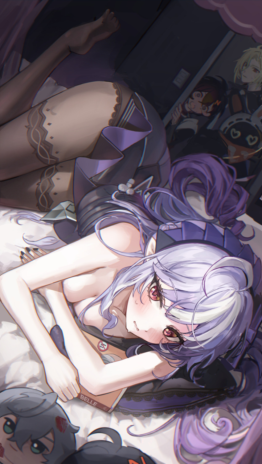 1boy 2girls absurdres bangboo_(zenless_zone_zero) belle_(zenless_zone_zero) black_nails black_thighhighs blush breasts brown_pantyhose character_doll cleavage commentary eous_(zenless_zone_zero) highres hugo_vlad lace lace-trimmed_panties lace_trim looking_at_viewer lying medium_breasts multicolored_hair multiple_girls mungduck nail_polish on_side open_door panties pantyhose pornography purple_hair red_eyes soles thighhighs two-tone_hair underwear vivian_(zenless_zone_zero) white_hair wise_(zenless_zone_zero) zenless_zone_zero
