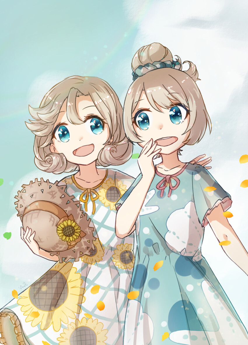 2girls alternate_costume alternate_hairstyle ane_hoshimaru blonde_hair blue_dress blue_eyes blue_sky cloud cloud_print commentary_request dress feet_out_of_frame floral_print hair_bun hat highres janus_(kancolle) jervis_(kancolle) kantai_collection multiple_girls short_hair single_hair_bun sky straw_hat sun_hat sunflower_print unworn_hat unworn_headwear white_dress
