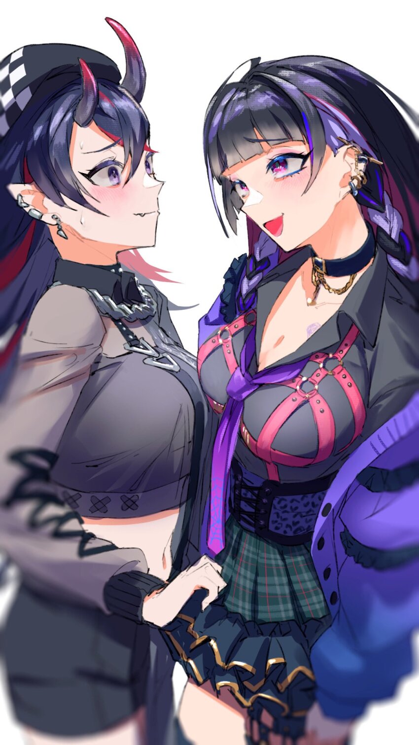 2girls asymmetrical_horns black_choker black_hat black_horns black_shirt black_shorts blunt_bangs blush boots breasts chain chain_necklace choker cleavage closed_mouth collared_shirt commentary_request corset cowboy_shot crop_top crossed_bangs demon_girl demon_horns earrings flipped_hair frilled_skirt frills gin_(tttetu123) gradient_horns green_skirt grey_shirt hair_between_eyes hat highres horns jacket jewelry long_hair long_sleeves looking_at_another medium_breasts meloco_kyoran meloco_kyoran_(1st_costume) multicolored_hair multicolored_horns multiple_earrings multiple_girls nanashi_inc. necklace necktie nijisanji nijisanji_en o-ring o-ring_top official_alternate_costume open_mouth plaid_clothes plaid_skirt pointy_ears purple_eyes purple_jacket purple_necktie red_hair red_horns ryugasaki_rene ryugasaki_rene_(4th_costume) shirt shorts simple_background skirt smile streaked_hair thigh_boots two-tone_hair uneven_horns very_long_hair virtual_youtuber white_background