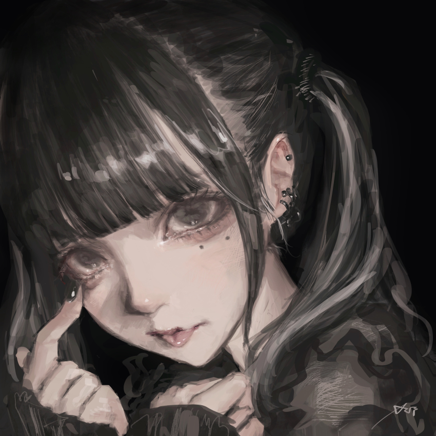1girl absurdres akanbe arai_bokuseki black_background black_eyes black_hair black_nails black_shirt close-up commentary_request ear_piercing earrings eyelid_pull highres jewelry long_hair long_sleeves looking_at_viewer mole mole_under_eye nail_polish original piercing shirt sidelocks simple_background sleeves_past_wrists solo tongue tongue_out twintails