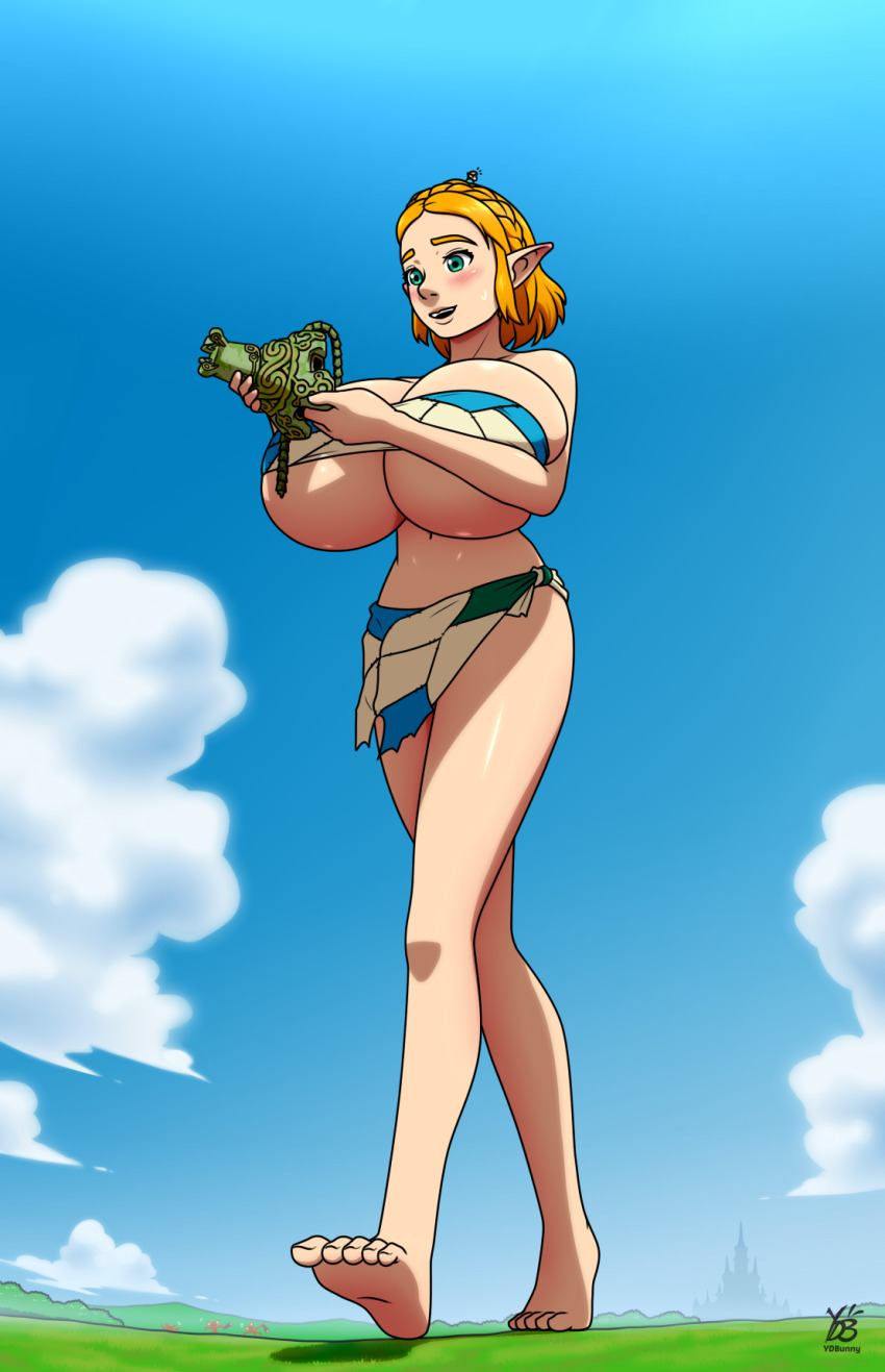 1boy 1girl barefoot blonde_hair blue_eyes blush breasts castle cleavage female_focus full_body giant giantess gigantic_breasts guardian_(zelda) highres link navel nintendo pointy_ears princess_zelda short_hair skindentation sweatdrop the_legend_of_zelda the_legend_of_zelda:_tears_of_the_kingdom underboob ydbunny