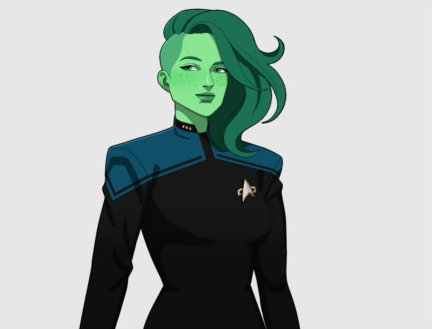 1girl colored_skin communicator d&#039;vana_tendi foodcube_(foodcu_be) freckles green_eyes green_hair green_lips green_skin long_hair long_sleeves simple_background solo star_trek star_trek:_lower_decks starfleet_uniform white_background