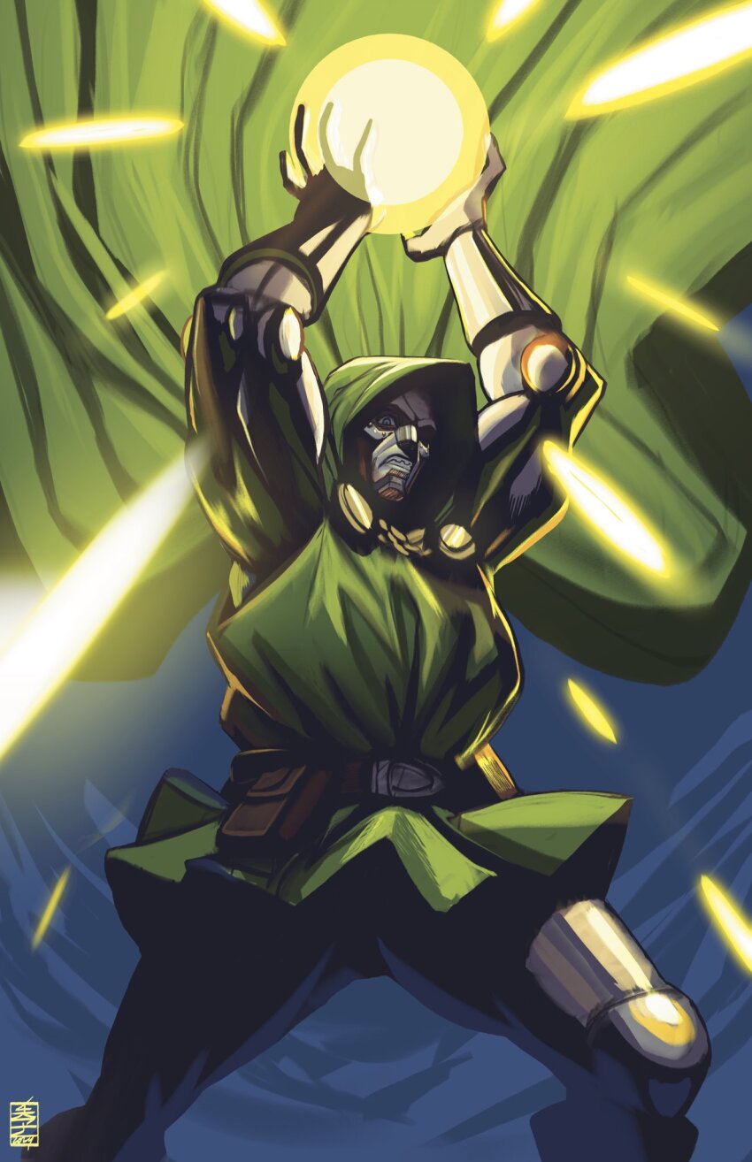 1boy acecore2k armor arms_up blue_eyes cape commentary doctor_doom energy_ball english_commentary fantastic_four floating_cape floating_clothes full_armor green_cape green_hood green_tunic highres hood hood_up hooded_cape looking_at_viewer male_focus marvel mask metal_mask muscular muscular_male one_eye_in_shadow solo tunic