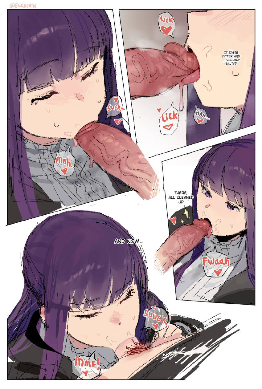 1boy 1girl assertive_female blush close-up closed_eyes comic deepthroat english_text enn_matien fellatio fern_(sousou_no_frieren) from_above heart highres large_penis long_hair open_mouth oral penis pov purple_eyes purple_hair saliva sousou_no_frieren stark_(sousou_no_frieren) sweat tongue tongue_out