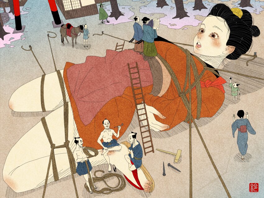 1girl absurdres black_hair bound eyelashes fine_art_parody giant giantess gulliver&#039;s_travels highres horse japanese_clothes nihonga parody sandals sei5osuzuki shibari shibari_over_clothes ukiyo-e