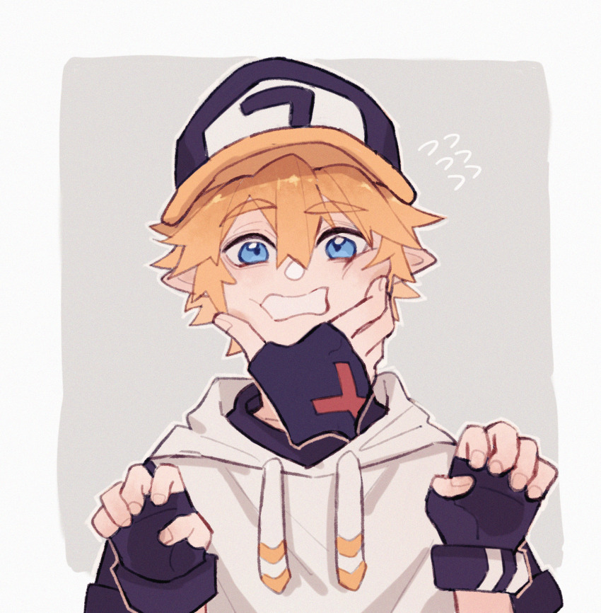 1boy 1other absurdres aotu_world baseball_cap black_gloves black_hat blonde_hair blue_eyes blush border fingerless_gloves flying_sweatdrops gloves grey_background hair_between_eyes hat highres hood hoodie king_(aotu_world) lokooong looking_at_viewer male_focus pinching pointy_ears short_hair simple_background solo_focus teeth upper_body white_border white_hoodie