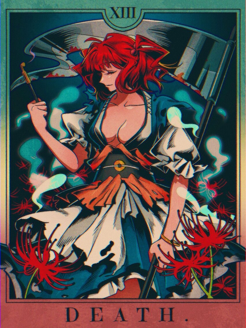 1girl blood bloody_weapon blue_dress breasts cleavage closed_eyes closed_mouth coin commentary death_(tarot) dress flower ghost highres holding holding_scythe mememedama10 obi onozuka_komachi red_flower red_hair sash scythe short_hair smoking_pipe solo spider_lily tarot touhou two_side_up weapon