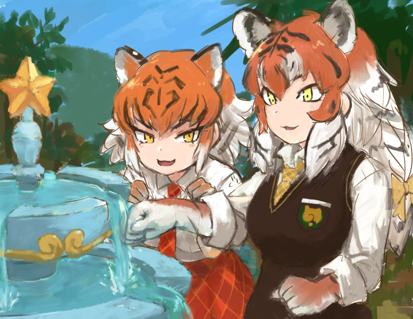 2girls :3 :d animal_ear_fluff animal_ears black_hair bow brown_vest clenched_hands commentary_request day elbow_gloves extra_ears fountain gloves hair_between_eyes hair_bow japari_symbol kemono_friends long_hair multicolored_hair multiple_girls necktie open_mouth orange_hair outdoors plaid_clothes plaid_necktie plaid_skirt red_necktie red_skirt rumenia_(ao2is) shirt siberian_tiger_(kemono_friends) skirt sleeves_rolled_up smile star_(symbol) tiger_(kemono_friends) tiger_ears vest water white_hair white_shirt wing_collar yellow_bow yellow_eyes yellow_necktie