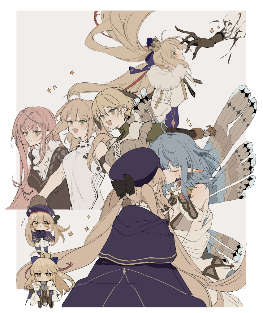 4girls absurdres ahoge artoria_caster_(fate) artoria_caster_(first_ascension)_(fate) artoria_caster_(second_ascension)_(fate) artoria_caster_(third_ascension)_(fate) artoria_pendragon_(fate) blonde_hair blue_cape blue_hat border brown_dress cape chibi chibi_inset cnoc_na_riabh_(fate) commentary cropped_torso dress facing_away fairy_wings fate/grand_order fate_(series) frown gareth_(fate) green_eyes hat highres hope_(fate) long_hair looking_at_viewer looking_up medb_(fate) multiple_girls note_nii open_mouth pink_eyes pink_hair pointy_ears shirt short_hair simple_background smile solo sparkle upper_body white_background white_shirt wings yellow_background