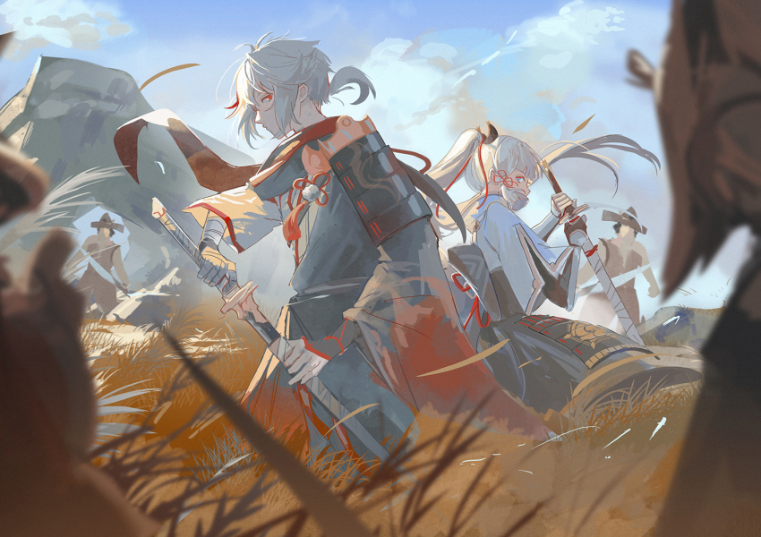 1boy 1girl armor asymmetrical_sleeves ayaka_(genshin_impact) back-to-back bandaged_hand bandages black_armor black_scarf black_skirt blue_eyes blue_jacket blue_sky blunt_tresses blurry chinese_knot commentary day depth_of_field english_commentary flower_knot from_side genshin_impact grass hair_over_mouth hair_ribbon high_ponytail holding holding_sword holding_weapon iiumiarts jacket japanese_armor japanese_clothes kaedehara_kazuha kamisato_clan_(emblem) katana kusazuri long_hair long_sleeves looking_at_another multicolored_hair outdoors people pink_ribbon ponytail red_eyes red_hair ribbon scarf sheath short_sleeves shoulder_armor single_sode skirt sky sode streaked_hair sword tassel tress_ribbon uneven_sleeves unsheathing weapon white_hair wide_sleeves