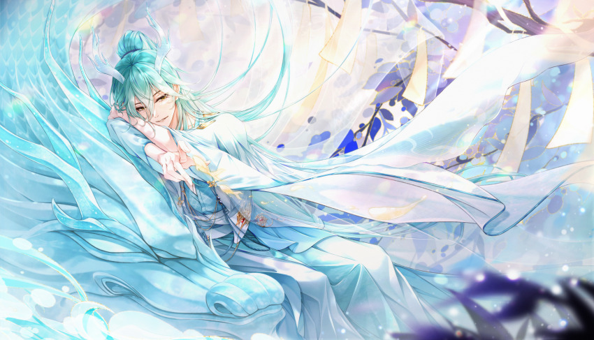 1boy absurdres aqua_hair blue_hanfu blue_robe blurry chinese_clothes chinese_commentary depth_of_field dragon dragon_boy eastern_dragon eastern_dragon_horns feet_out_of_frame fish flying_fish hair_between_eyes hair_flowing_over half_updo hanfu head_on_arm high_ponytail highres hua_yi_shanxin_zhiyue ice ice_dragon iku_19 leaning_on_animal long_bangs long_hair long_sleeves looking_at_viewer male_focus official_alternate_costume parted_lips plant pointing ponytail robe scale_print sideways_glance sitting smile solo talisman the_prince_(hua_yi_shanxin_zhiyue) tree wide_sleeves yaopei yellow_eyes