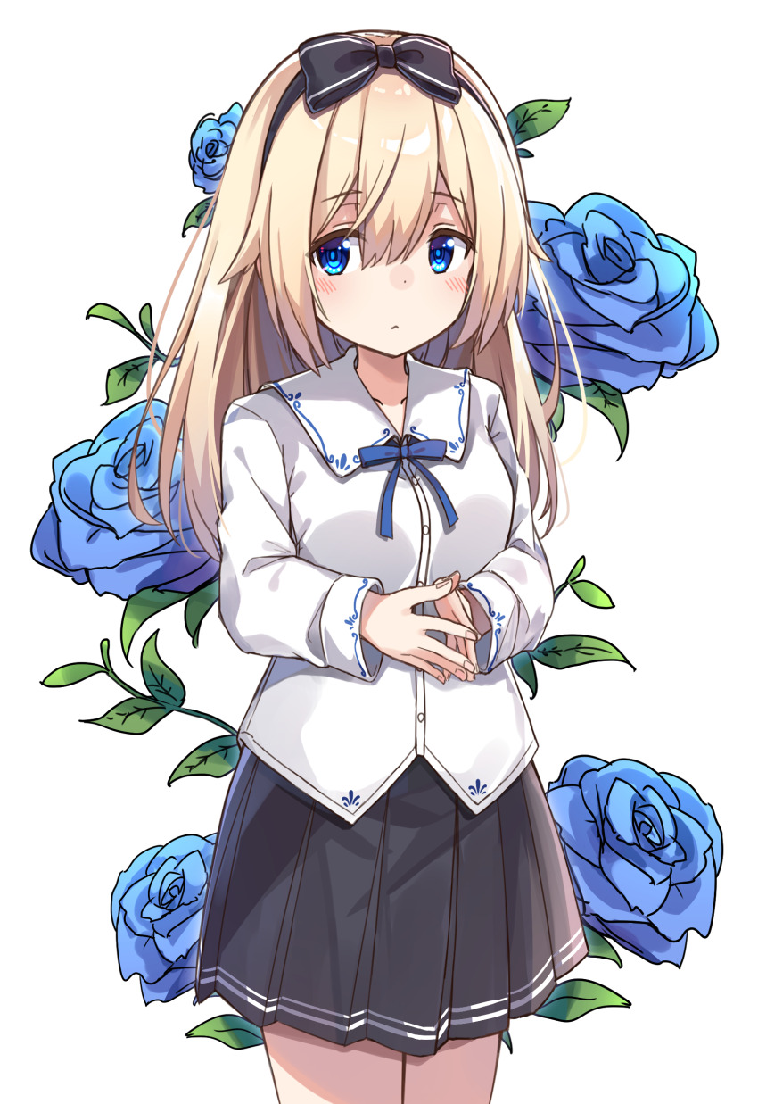 1girl absurdres black_dress blonde_hair blue_eyes blue_flower blue_ribbon blue_rose blush bow buttons closed_mouth double-parted_bangs dress expressionless flower frilled_dress frills head_bow highres jacket long_hair long_sleeves looking_at_viewer medium_hair multicolored_eyes original plant ribbon rose shirt simple_background solo thighs white_background white_jacket white_shirt zoirun