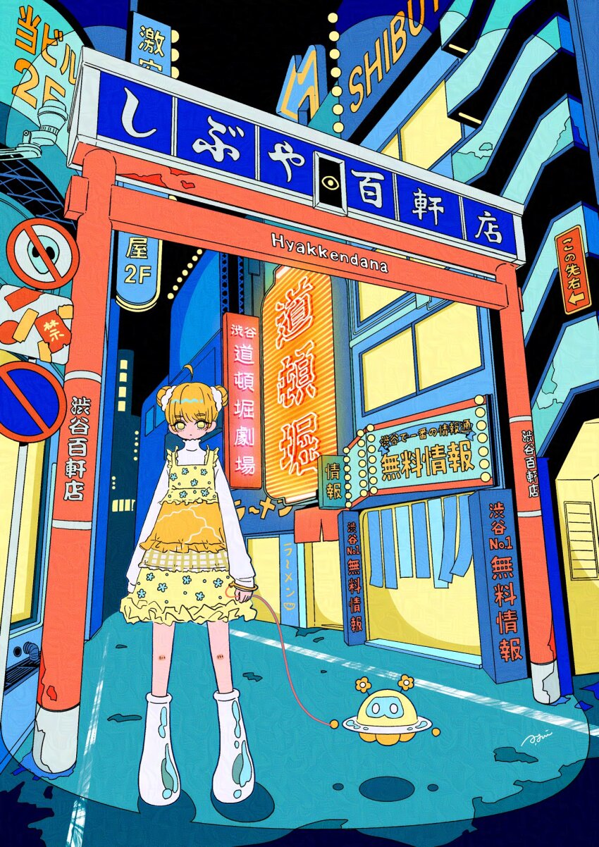 1girl double_bun dress eye_symbol floral_print frilled_dress frills hair_between_eyes hair_bun highres holding holding_leash leash nakazawa_ayami neon_lights neon_palette orange_hair original pet_walking road_sign scrunchie shibuya_(tokyo) sidewalk sign tokyo_(city) white_footwear white_scrunchie yellow_dress