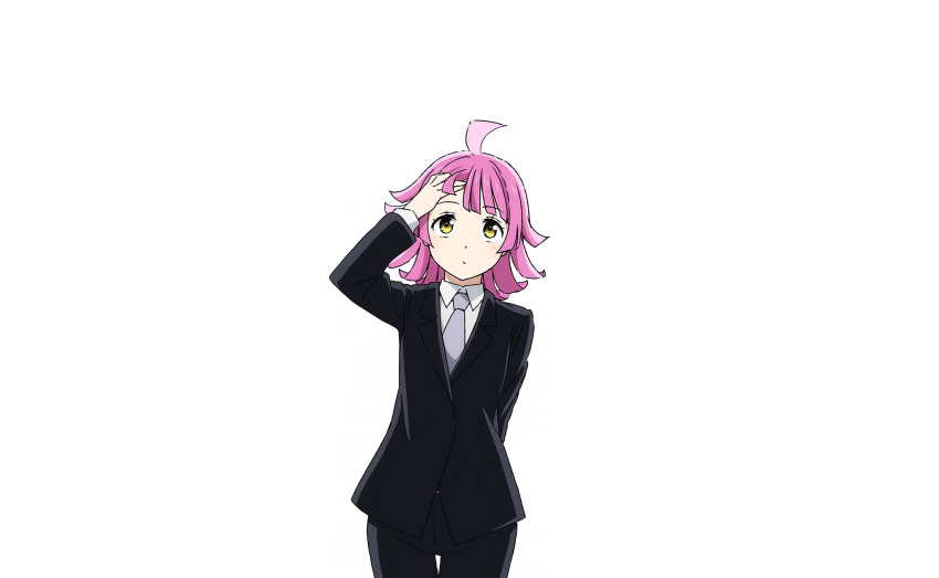 1girl ahoge arm_behind_back arm_up black_pants black_suit blunt_bangs blunt_ends blush business_suit closed_mouth collared_shirt cowboy_shot formal_clothes grey_necktie hand_on_own_head highres huge_ahoge kishimen_hair long_sleeves looking_up love_live! love_live!_nijigasaki_high_school_idol_club love_live!_school_idol_festival_2 medium_hair necktie official_art pants pink_hair shirt solo suit tennoji_rina transparent_background white_shirt yellow_eyes
