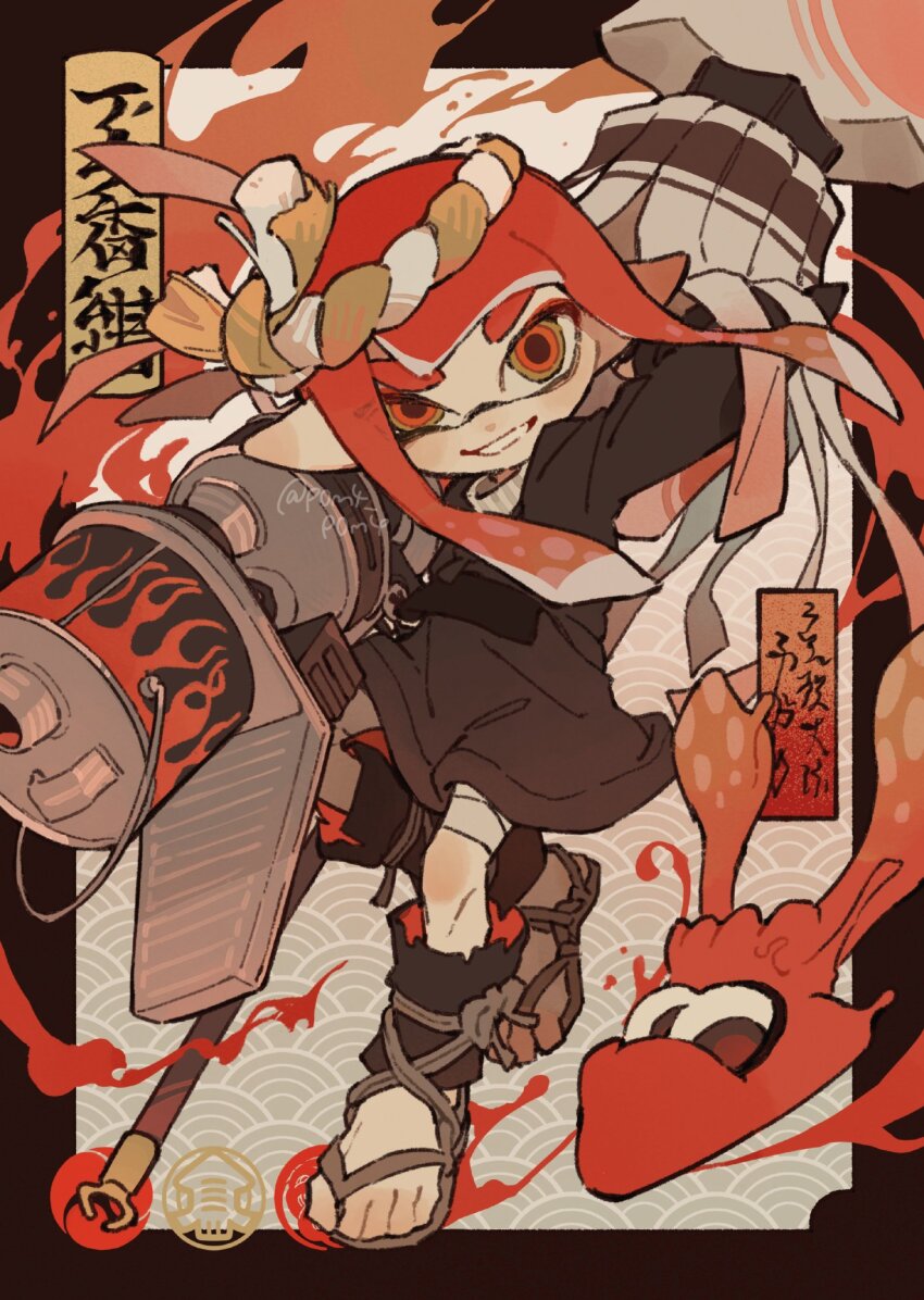 1girl arm_behind_head artist_name bandaged_leg bandages black_jacket blaster_(splatoon) blunt_bangs commentary_request floating_hair full_body green_eyes grin highres holding holding_weapon inkling inkling_(swim_form) inkling_girl inkling_player_character jacket leg_wrap long_hair long_sleeves looking_at_viewer multicolored_eyes nintendo p0m4_p0m4 pointy_ears red_eyes red_hair smile splatoon_(series) sweater tentacle_hair thick_eyebrows turtleneck turtleneck_sweater two-tone_eyes waraji weapon white_sweater