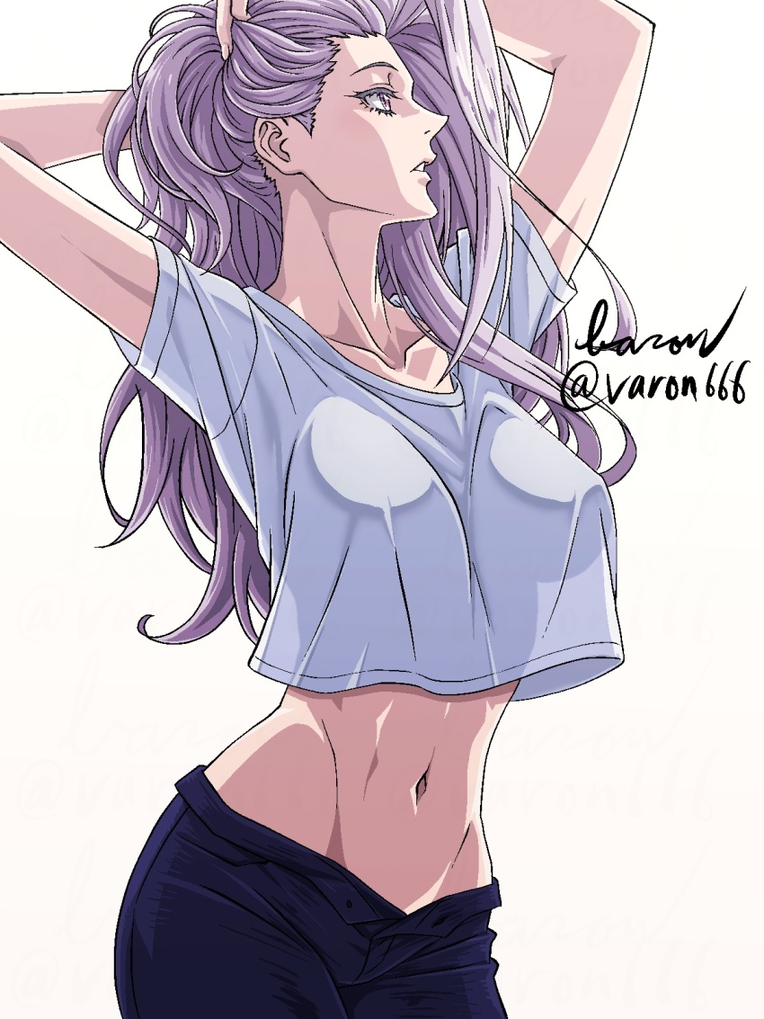 1girl baron_(varon666) breasts collarbone fuuto_tantei highres kamen_rider large_breasts long_hair matching_hair/eyes midriff navel purple_eyes purple_hair solo tokime_(fuuto_tantei) varon