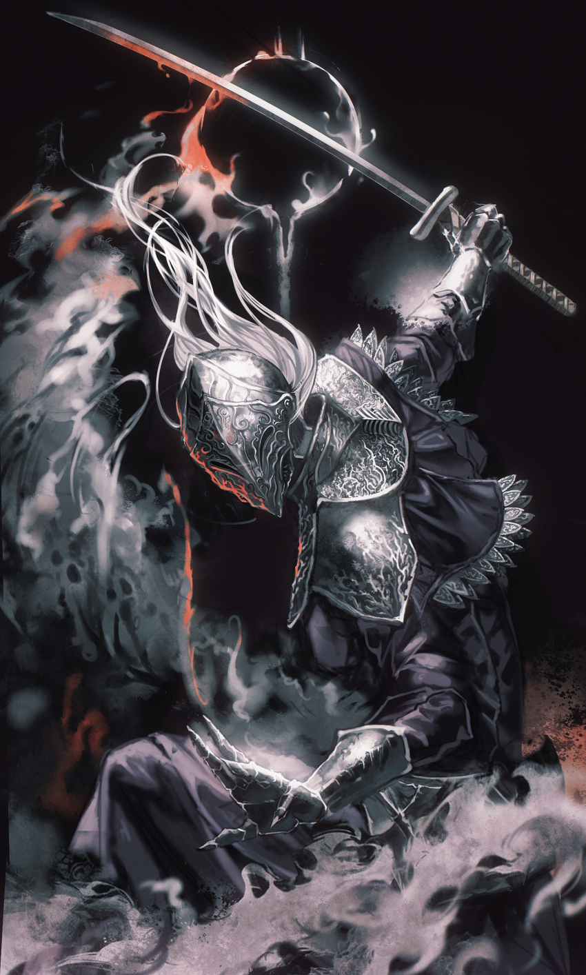 1girl absurdres armor black_background black_dress black_gloves black_sun capelet dark_souls_(series) dark_souls_iii darksign_(dark_souls) dress facing_viewer gauntlets gloves grey_hair helmet highres holding holding_sword holding_weapon katana long_hair pauldrons shoulder_armor simple_background smoke smoke_trail solo standing sun sword weapon yujia0412 yuria_of_londor