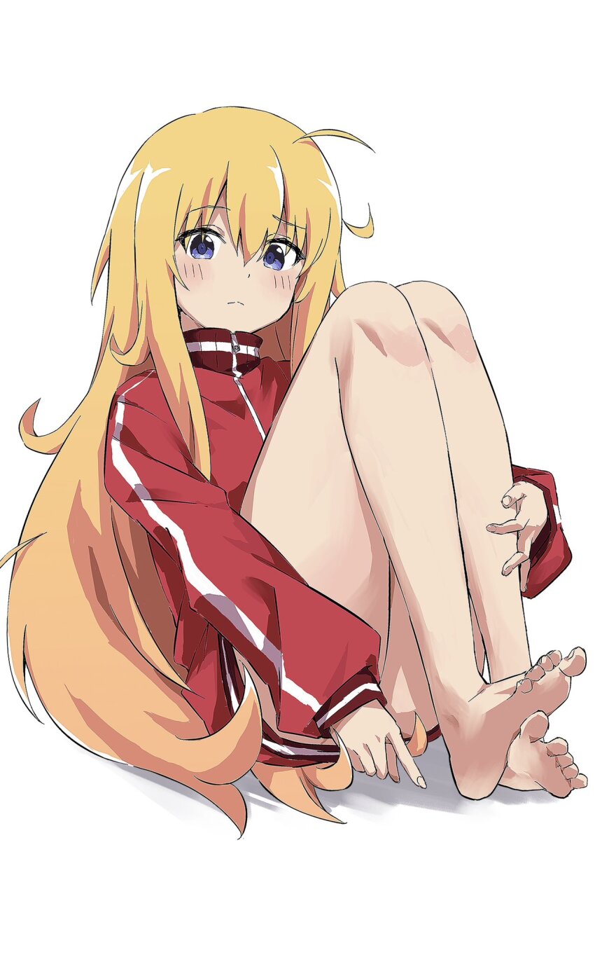 1girl as_buppa bare_legs barefoot blonde_hair blue_eyes blush closed_mouth convenient_censoring feet full_body gabriel_dropout gabriel_tenma_white hair_between_eyes hand_on_own_leg highres knees_up legs long_hair long_legs long_sleeves looking_at_viewer on_ground red_track_jacket shadow sidelocks simple_background sitting soles solo thighs toenails toes very_long_hair white_background