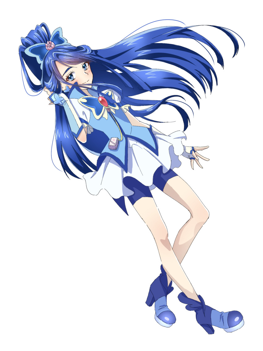 1girl bike_shorts blue_boots blue_eyes blue_hair blue_shorts blue_vest blush boots butterfly_brooch butterfly_earrings butterfly_hair_ornament closed_mouth cure_aqua dress earrings fingerless_gloves gloves hair_ornament high_heel_boots high_heels high_ponytail highres jewelry long_hair magical_girl minazuki_karen ponytail precure shigen_pr short_sleeves shorts solo two-tone_gloves vest white_dress yes!_precure_5 yes!_precure_5_gogo!