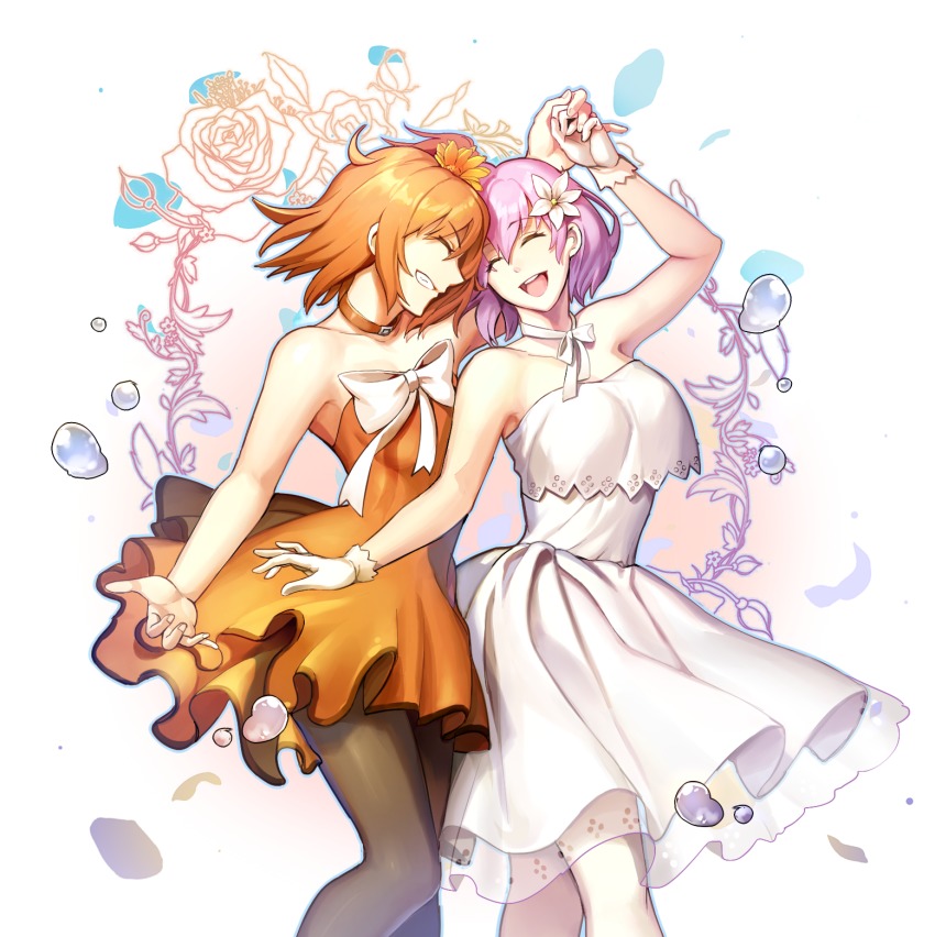 2girls :d ^_^ arm_up bad_id bad_pixiv_id bare_arms black_legwear bow breasts choker cleavage clenched_teeth closed_eyes collarbone couple dancing ddaomphyo dress closed_eyes fate/grand_order fate_(series) feet_out_of_frame female_focus floral_background flower formal_clothes frilled_dress frills from_side fujimaru_ritsuka_(female) fujimaru_ritsuka_(female)_(starlight_fest) gloves grin hair_between_eyes hair_flower hair_ornament happy head_tilt highres holding_hands jewelry large_breasts light_purple_hair long_dress mash_kyrielight mash_kyrielight_(formal_dress) medium_breasts multiple_girls neck neck_ribbon necklace official_alternate_costume open_mouth orange_choker orange_dress orange_flower orange_hair pantyhose ribbon round_teeth short_dress short_hair side_ponytail smile standing strapless strapless_dress teeth type-moon upper_teeth_only white_background white_bow white_dress white_flower white_gloves white_ribbon yellow_flower yuri