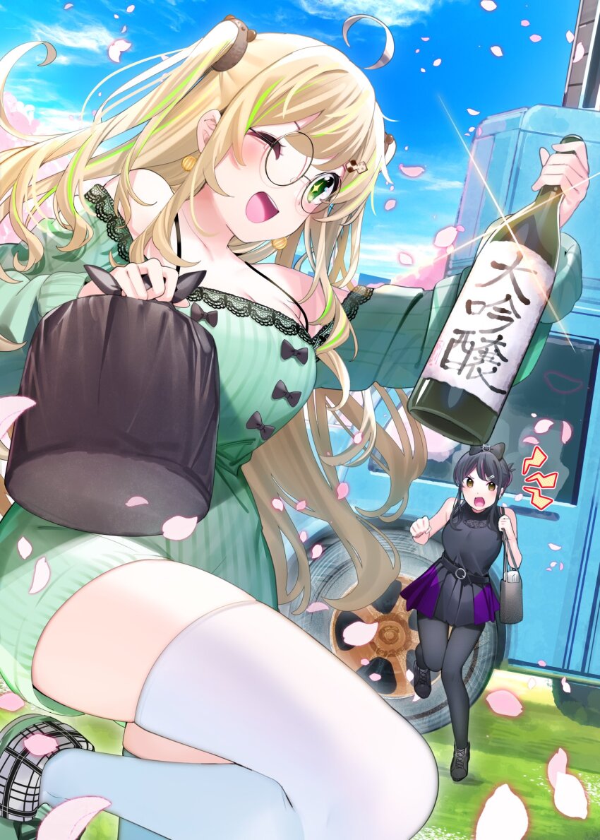 2girls ;d ahoge bare_shoulders black_footwear black_shirt black_skirt black_thighhighs blonde_hair blue_sky bottle breasts chikuwa. cleavage cloud collarbone commentary_request cookie_hair_ornament day dress food-themed_hair_ornament glasses green_dress green_eyes green_footwear green_hair hair_ornament highres holding holding_bottle lightning_bolt_symbol long_hair long_sleeves looking_at_viewer medium_breasts multicolored_hair multiple_girls off-shoulder_dress off_shoulder one_eye_closed open_mouth original outdoors petals pleated_skirt round_eyewear shirt shoes skirt sky sleeveless sleeveless_shirt smile solo_focus standing standing_on_one_leg streaked_hair thighhighs two_side_up upper_body vehicle_request white_thighhighs
